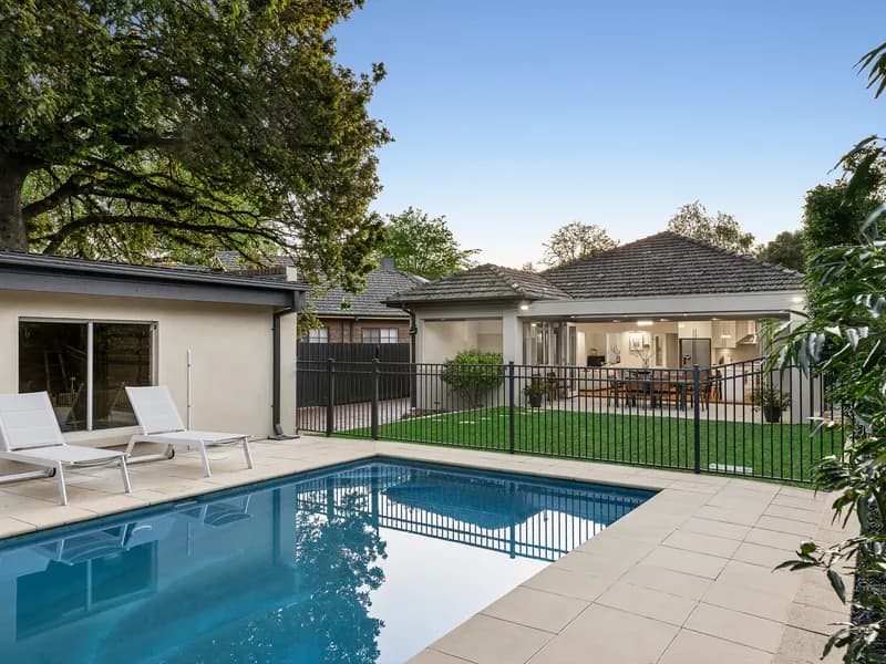 Backyard pool and lawn behind a family home in Glen Iris